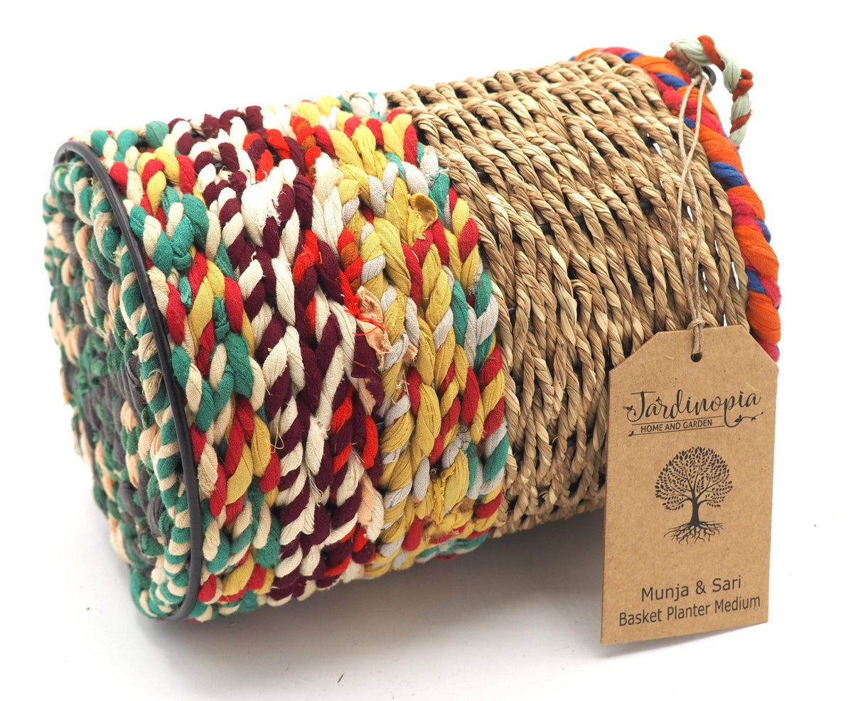 Munja and Reclaimed Fabric Eco Hanging Planter with Removable Metal Liner - Small / Tall