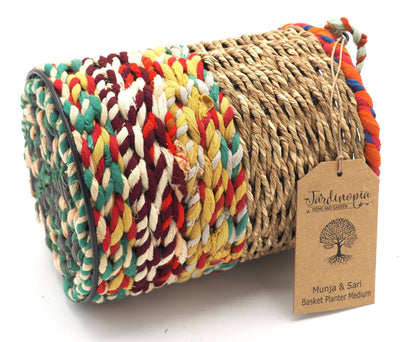 Munja and Reclaimed Fabric Eco Hanging Planter with Removable Metal Liner - Small / Tall