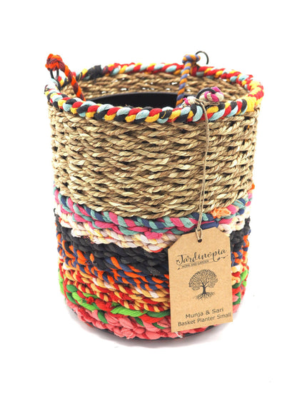 Munja and Reclaimed Fabric Eco Hanging Planter with Removable Metal Liner - Set of 3