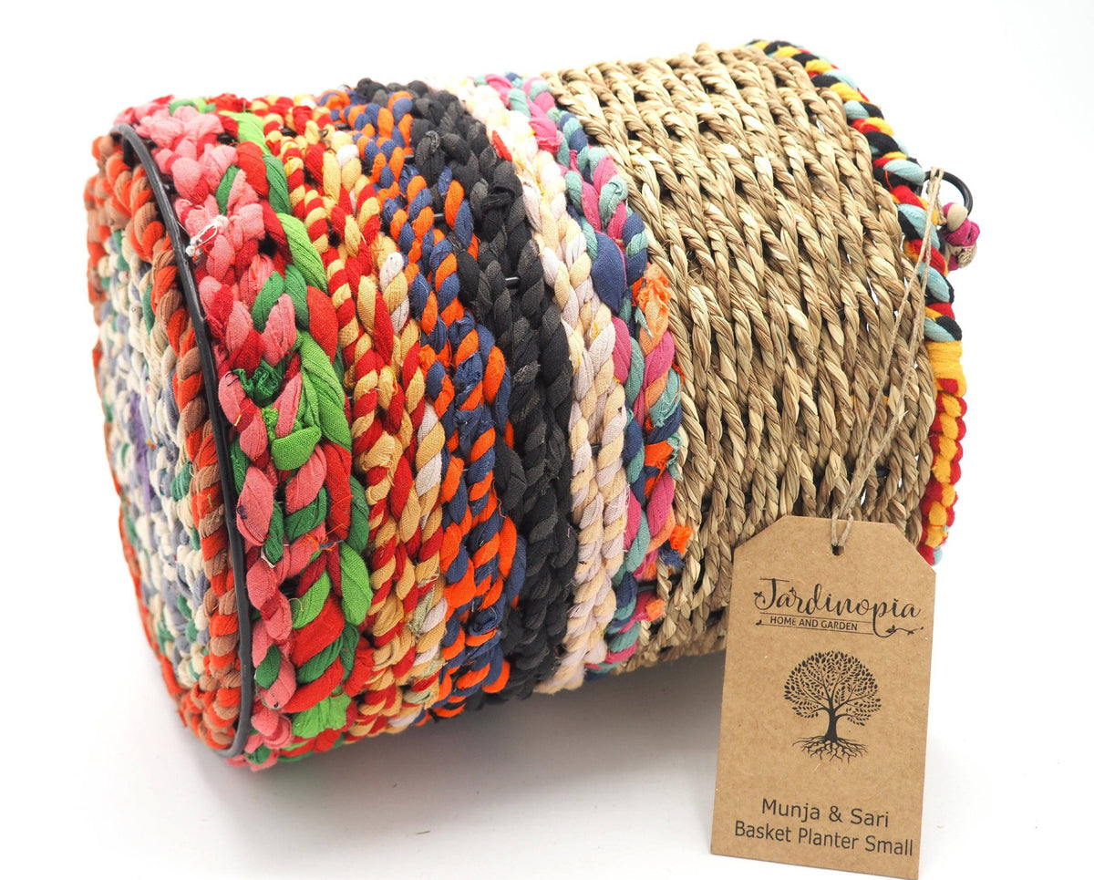 Munja and Reclaimed Fabric Eco Hanging Planter with Removable Metal Liner - Medium / Tall