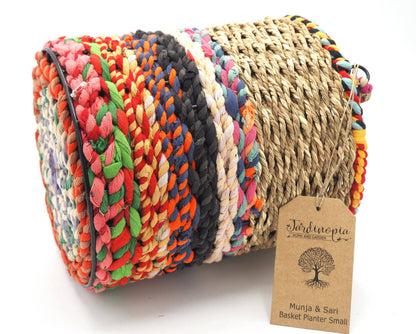Munja and Reclaimed Fabric Eco Hanging Planter with Removable Metal Liner - Medium / Tall