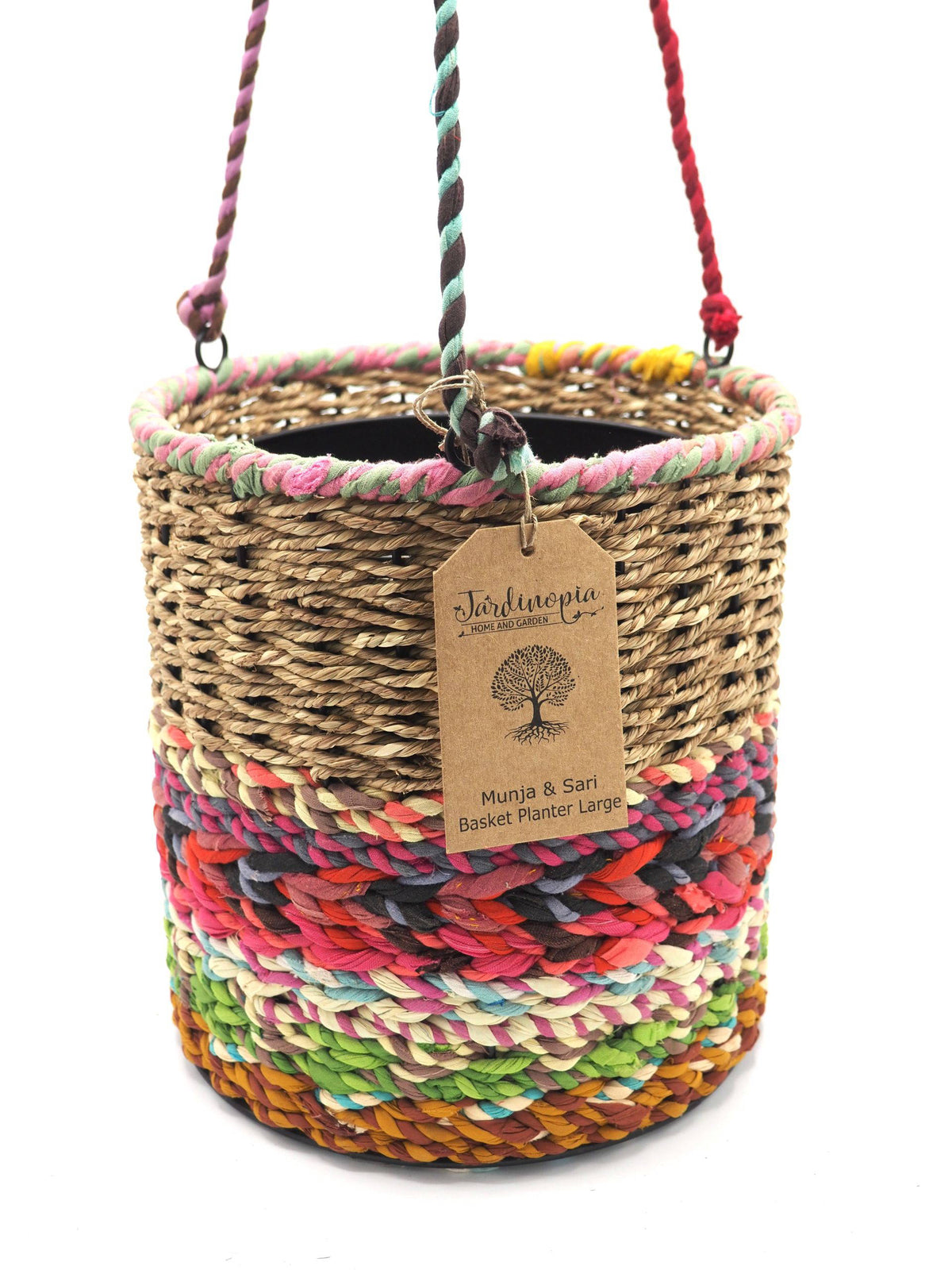 Munja and Reclaimed Fabric Eco Hanging Planter with Removable Metal Liner - Set of 3