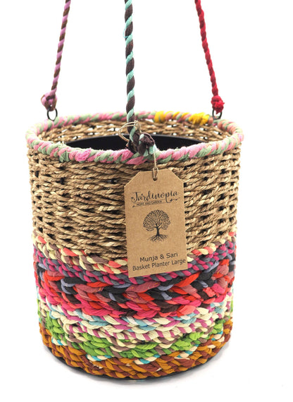 Munja and Reclaimed Fabric Eco Hanging Planter with Removable Metal Liner - Large