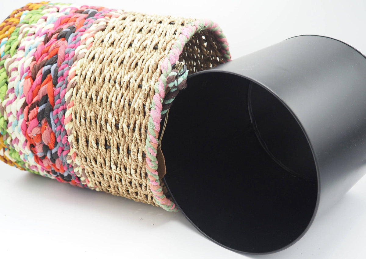 Munja and Reclaimed Fabric Eco Hanging Planter with Removable Metal Liner - Large