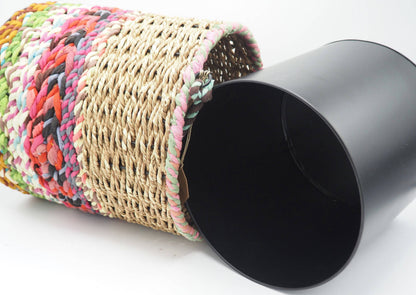 Munja and Reclaimed Fabric Eco Hanging Planter with Removable Metal Liner - Large