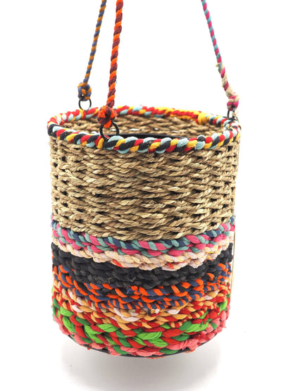 Munja and Reclaimed Fabric Eco Hanging Planter with Removable Metal Liner - Large
