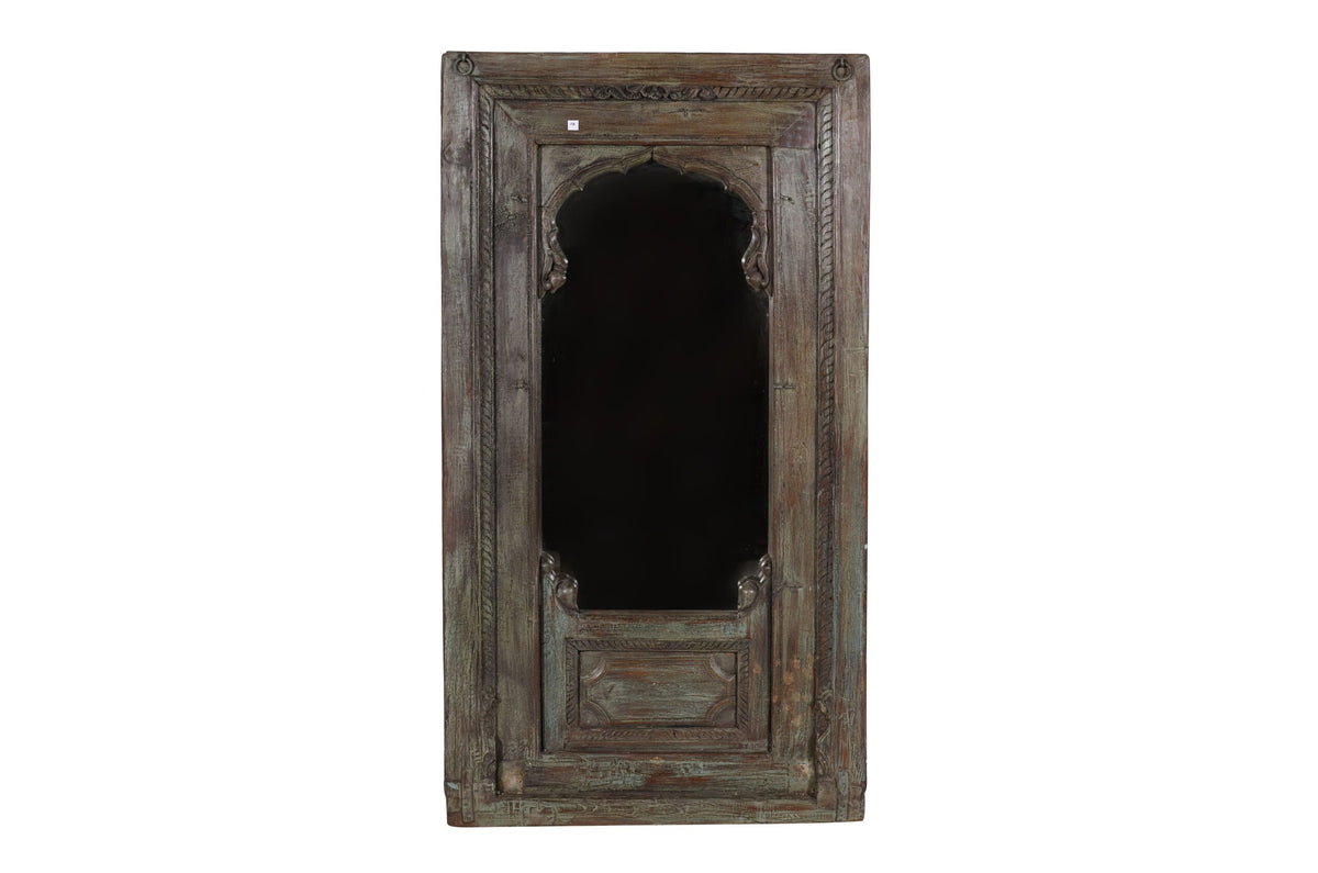 Large Antique Indian Jharoka Bari Teak Window Mirror