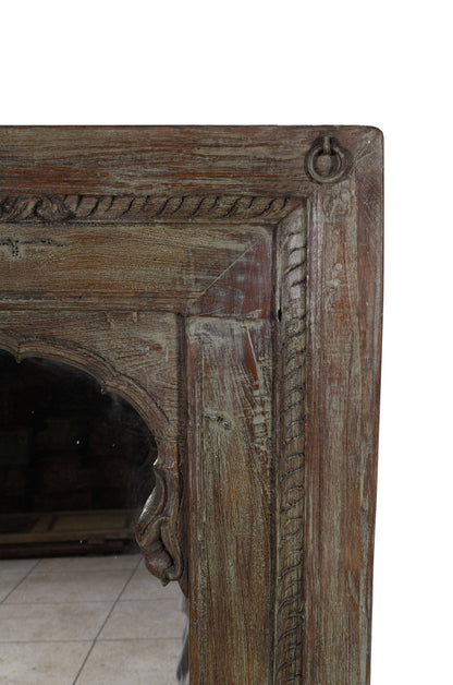 Large Antique Indian Jharoka Bari Teak Window Mirror