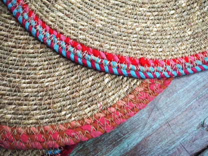Munja And Reclaimed Fabric Eco Table Mats Or Plant Pot Stands - Set Of 4