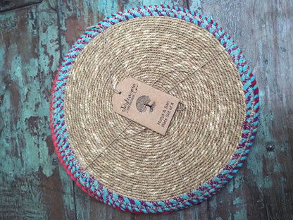 Munja And Reclaimed Fabric Eco Table Mats Or Plant Pot Stands - Set Of 4