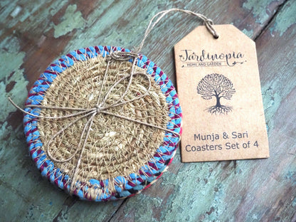 Munja And Reclaimed Fabric Eco Drinks Coasters Or Plant Pot Stands - Set Of 4