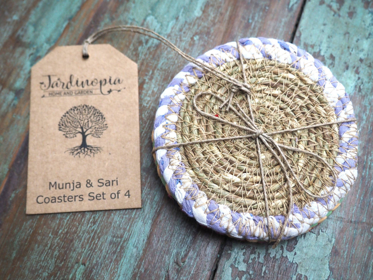 Munja And Reclaimed Fabric Eco Drinks Coasters Or Plant Pot Stands - Set Of 4