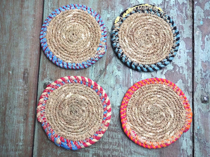 Munja And Reclaimed Fabric Eco Drinks Coasters Or Plant Pot Stands - Set Of 4