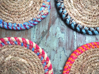 Munja And Reclaimed Fabric Eco Drinks Coasters Or Plant Pot Stands - Set Of 4
