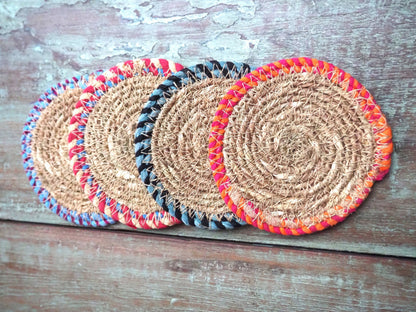 Munja And Reclaimed Fabric Eco Drinks Coasters Or Plant Pot Stands - Set Of 4