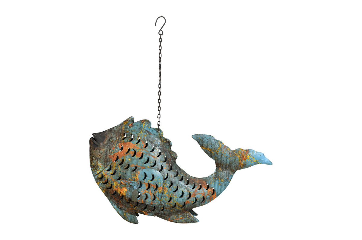 Metallic Koi Fish Hanging Lantern - Recycled Iron Garden Decoration