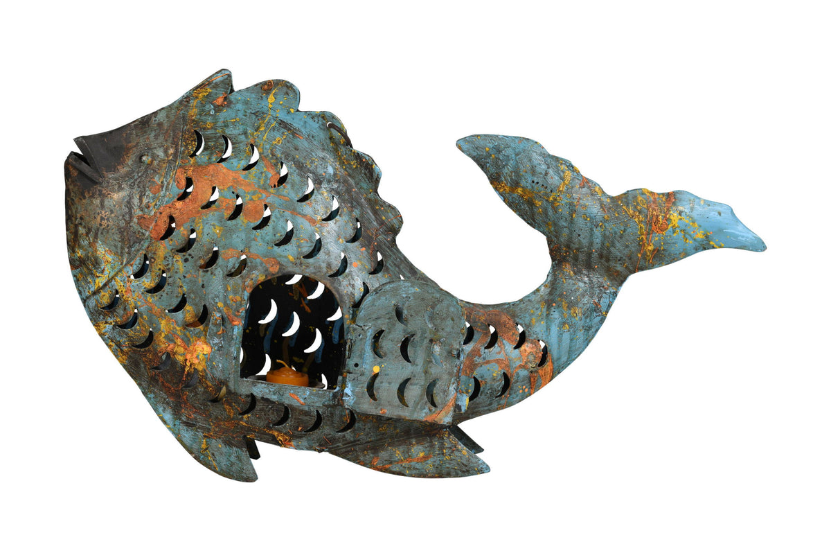 Metallic Koi Fish Hanging Lantern - Recycled Iron Garden Decoration