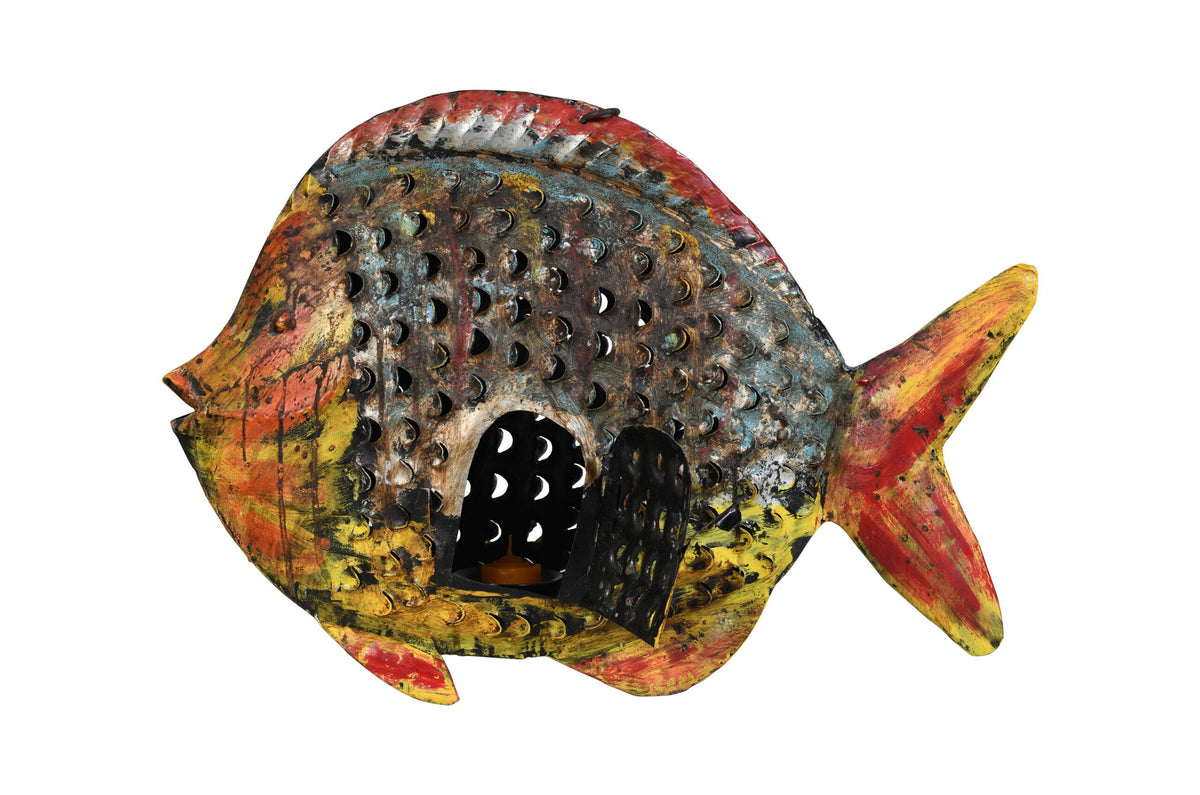 Iridescent Scale Fish Lantern - Recycled Iron Hanging Garden Decoration