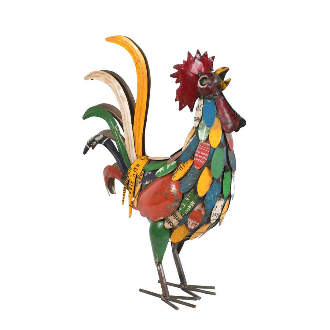 Recycled Iron Rooster Garden Sculpture