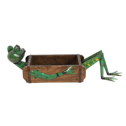 Recycled Iron Frog Planter with Teak Brick Mold - Handcrafted Fair Trade Garden Decoration