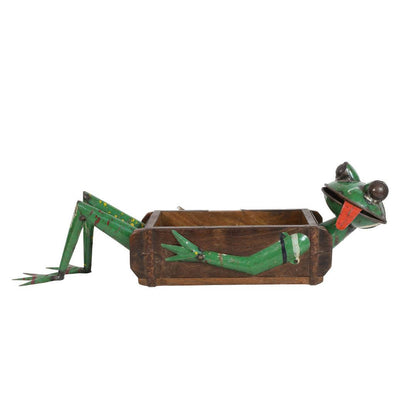 Recycled Iron Frog Planter with Teak Brick Mold - Handcrafted Fair Trade Garden Decoration