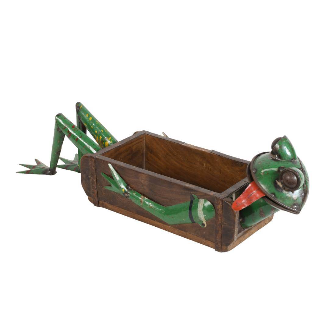 Recycled Iron Frog Planter with Teak Brick Mold - Handcrafted Fair Trade Garden Decoration