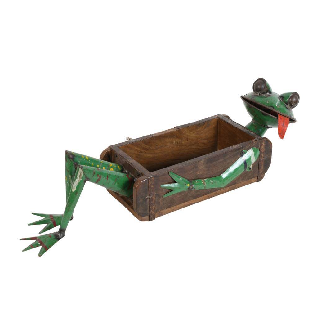 Recycled Iron Frog Planter with Teak Brick Mold - Handcrafted Fair Trade Garden Decoration