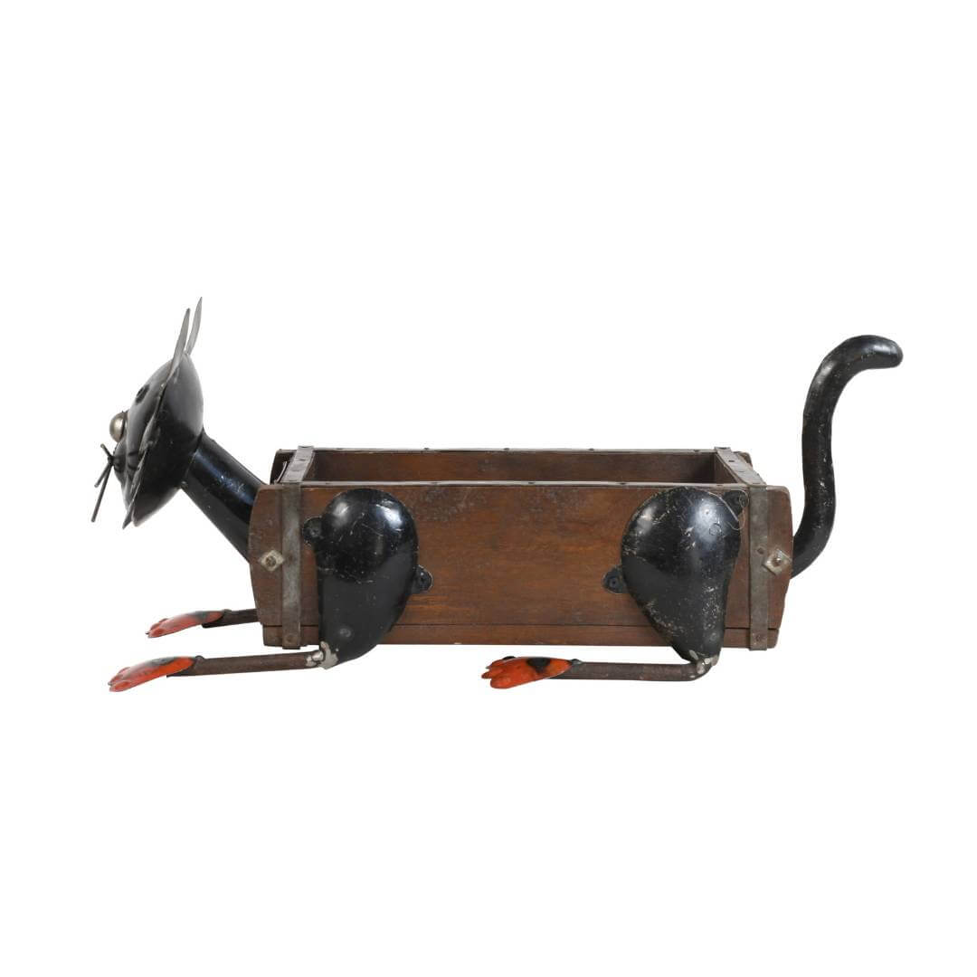 Recycled Iron Cat Planter with Vintage Teak