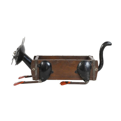 Recycled Iron Cat Planter with Vintage Teak
