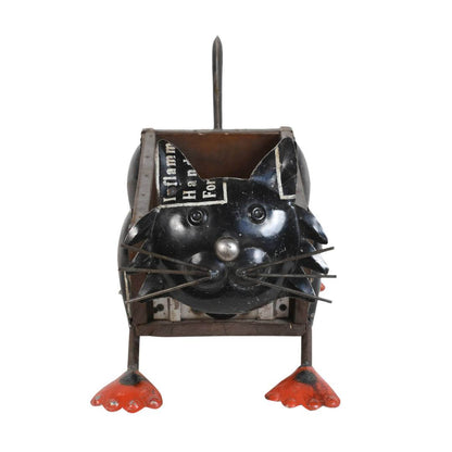 Recycled Iron Cat Planter with Vintage Teak