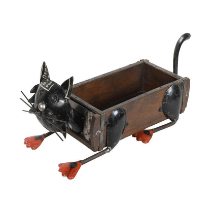 Recycled Iron Cat Planter with Vintage Teak