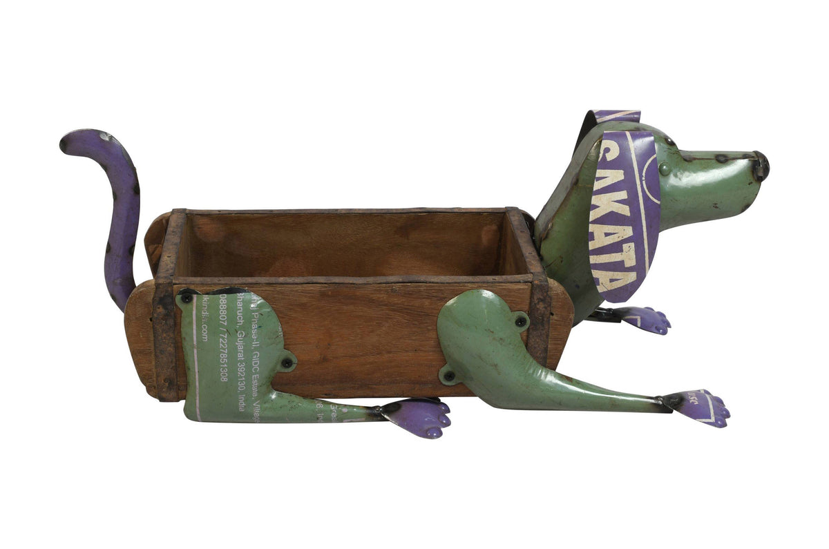 Recycled Iron Lying Dog Planter - Artisan-Made Rustic Garden Decoration