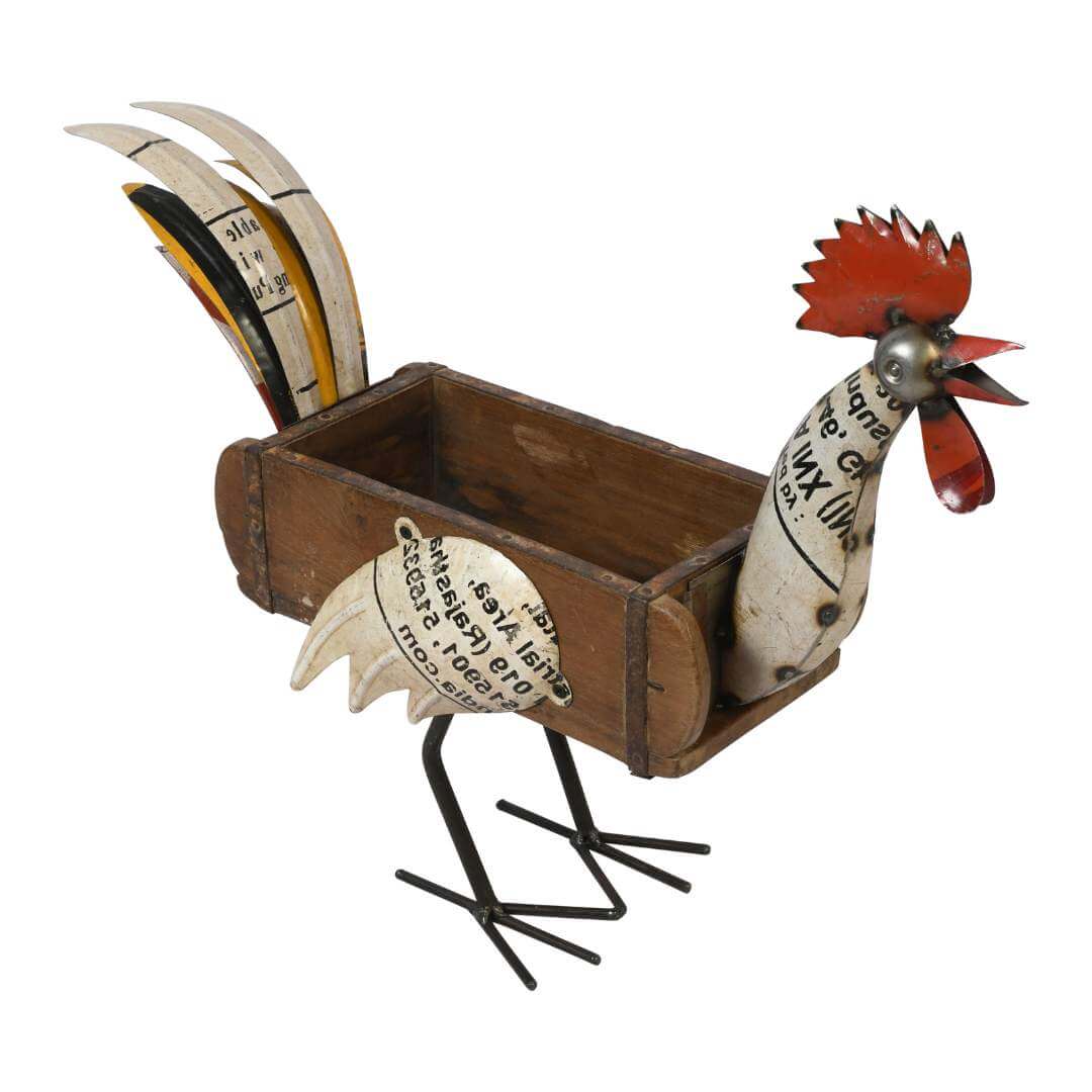 Recycled Iron Rooster Planter - Artisan-Made Rustic Garden Decoration