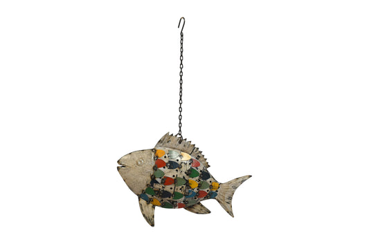 Recycled Iron Fish Hanging Tealight Lantern - Artisan-Made Garden Decoration