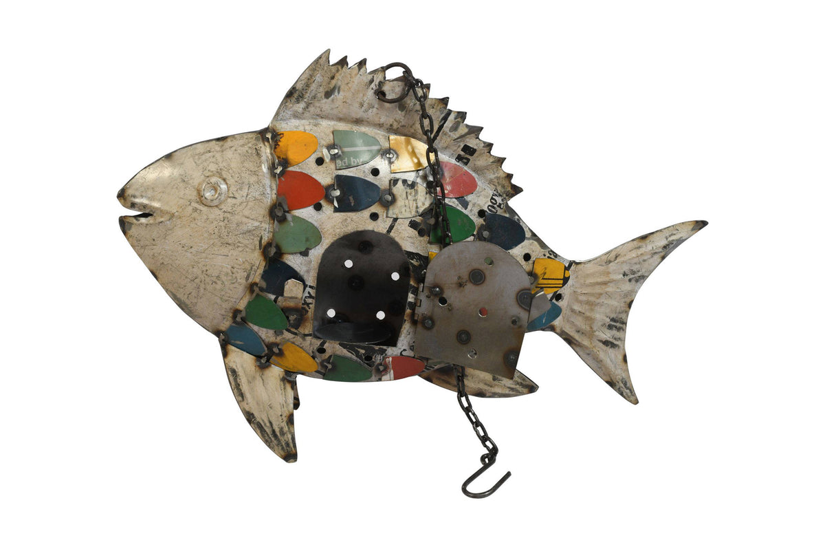 Recycled Iron Fish Hanging Tealight Lantern - Artisan-Made Garden Decoration
