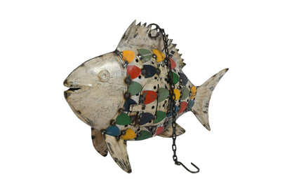 Recycled Iron Fish Hanging Tealight Lantern - Artisan-Made Garden Decoration