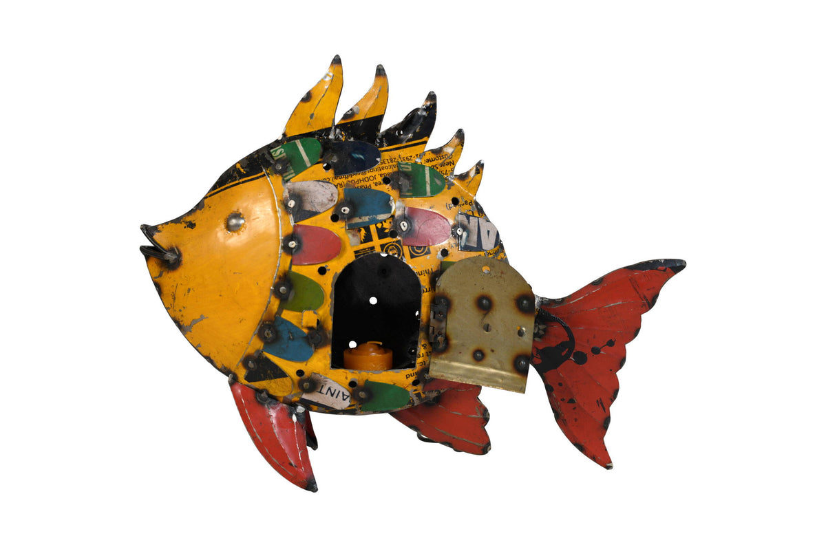 Tropical Mosaic Fish Hanging Tea Light Holder - Recycled Iron Garden Lantern