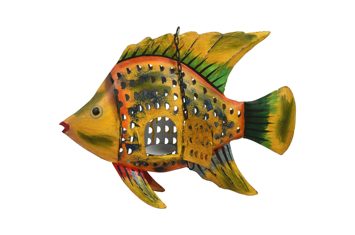 Sunset Glow Colour Fish Garden Pendant - Recycled Iron Hanging Tealight Lantern