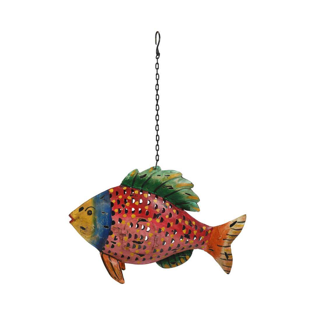 Ruby Mosaic Fish Tea Light Holder - Recycled Iron Hanging Garden Lantern