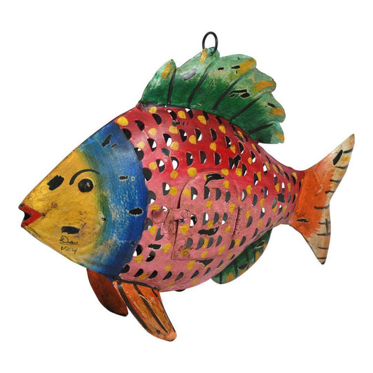 Ruby Mosaic Fish Tea Light Holder - Recycled Iron Hanging Garden Lantern