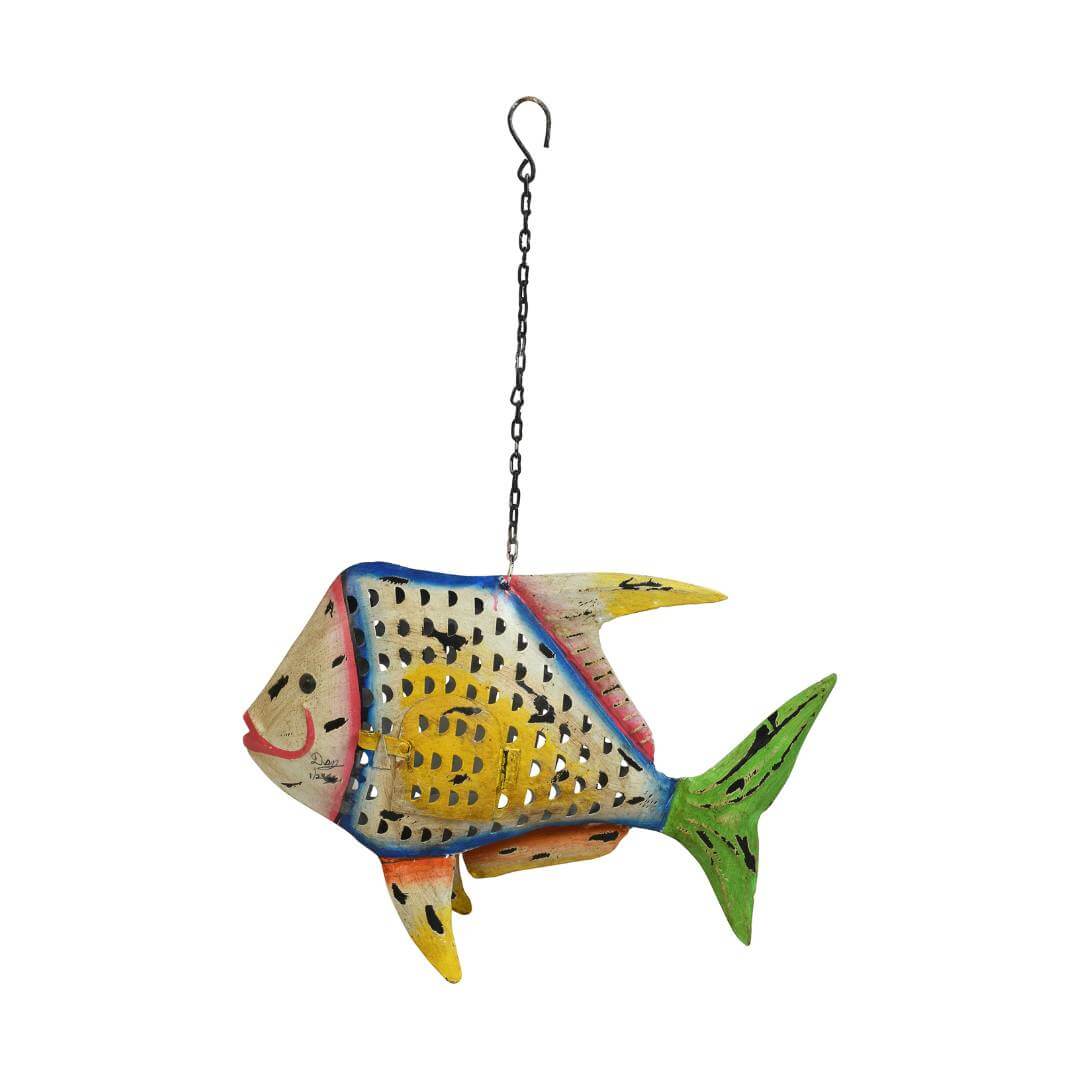 Citrus Splash Fish Tea Light Pendant - Recycled Iron Hanging Garden Lantern