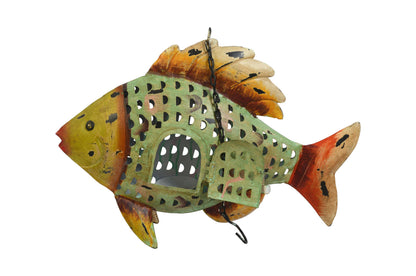 Verdigris Patina Fish Tea Light Holder - Recycled Iron Hanging Garden Lantern