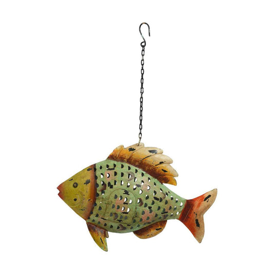 Verdigris Patina Fish Tea Light Holder - Recycled Iron Hanging Garden Lantern