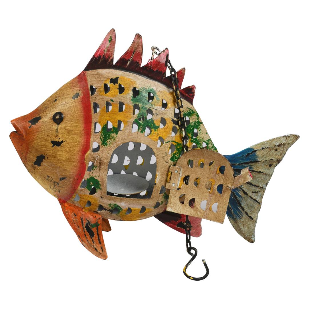 Emerald Fin Fish Garden Lantern - Recycled Iron Hanging Tealight Holder