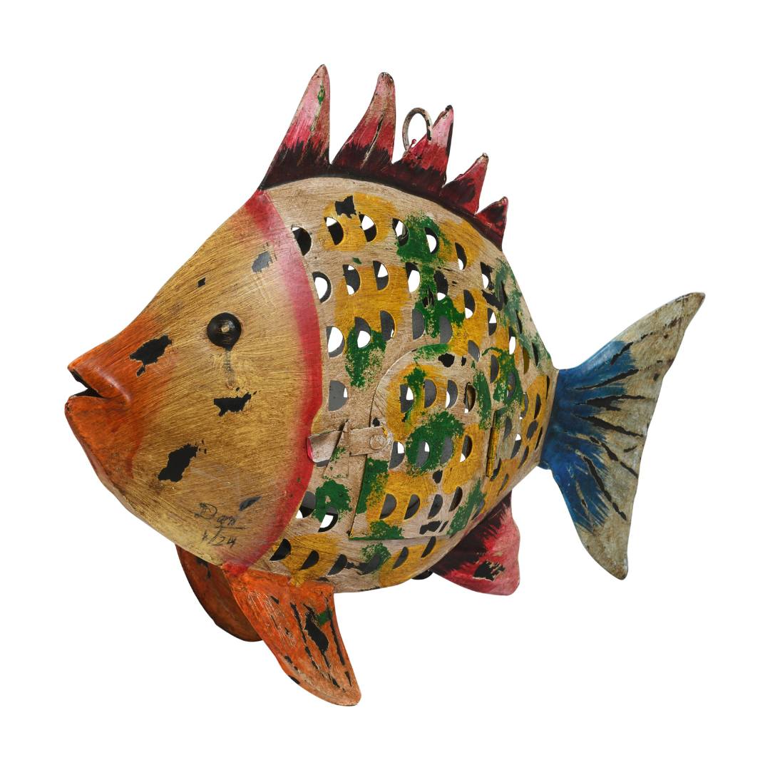 Emerald Fin Fish Garden Lantern - Recycled Iron Hanging Tealight Holder