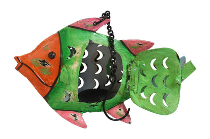 Indian Artisan Made Recycled Iron Fish Hanging Tealight Candle Lantern Garden Decoration