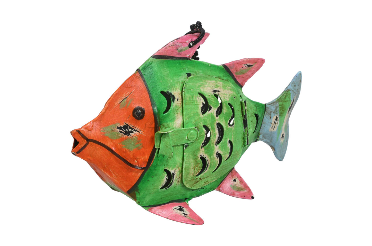 Indian Artisan Made Recycled Iron Fish Hanging Tealight Candle Lantern Garden Decoration