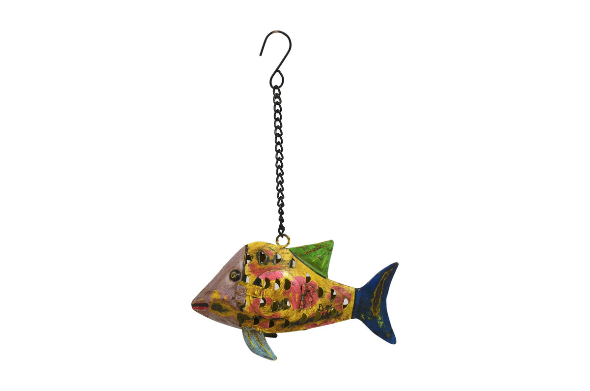 Indian Artisan Made Recycled Iron Fish Hanging Tealight Candle Lantern Garden Decoration