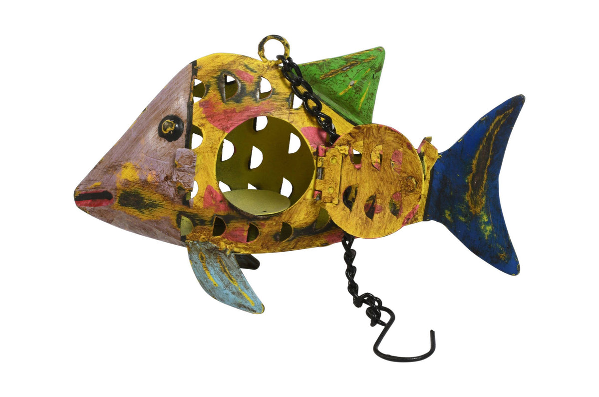 Indian Artisan Made Recycled Iron Fish Hanging Tealight Candle Lantern Garden Decoration