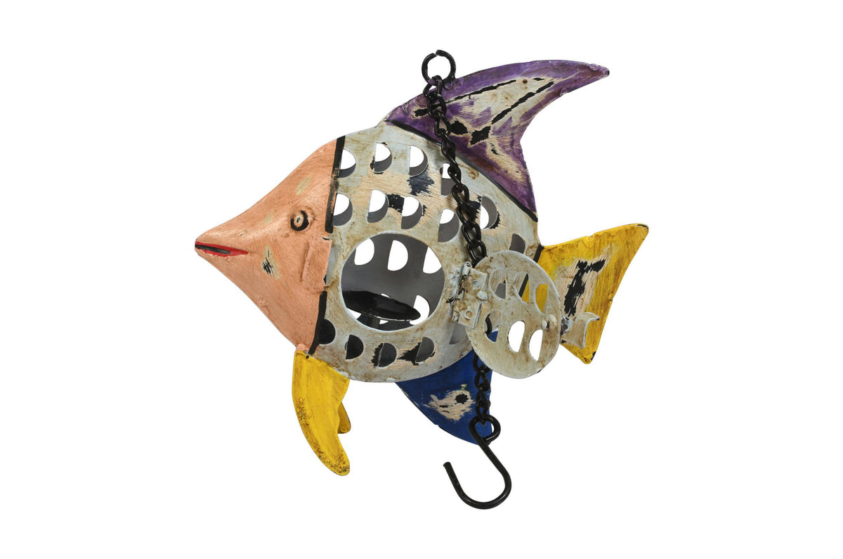 Indian Artisan Made Recycled Iron Fish Hanging Tealight Candle Lantern Garden Decoration